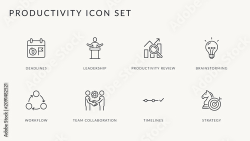 Minimalist productivity icon set featuring eight business and teamwork concepts in flat line style . Vector Flat Illustration.