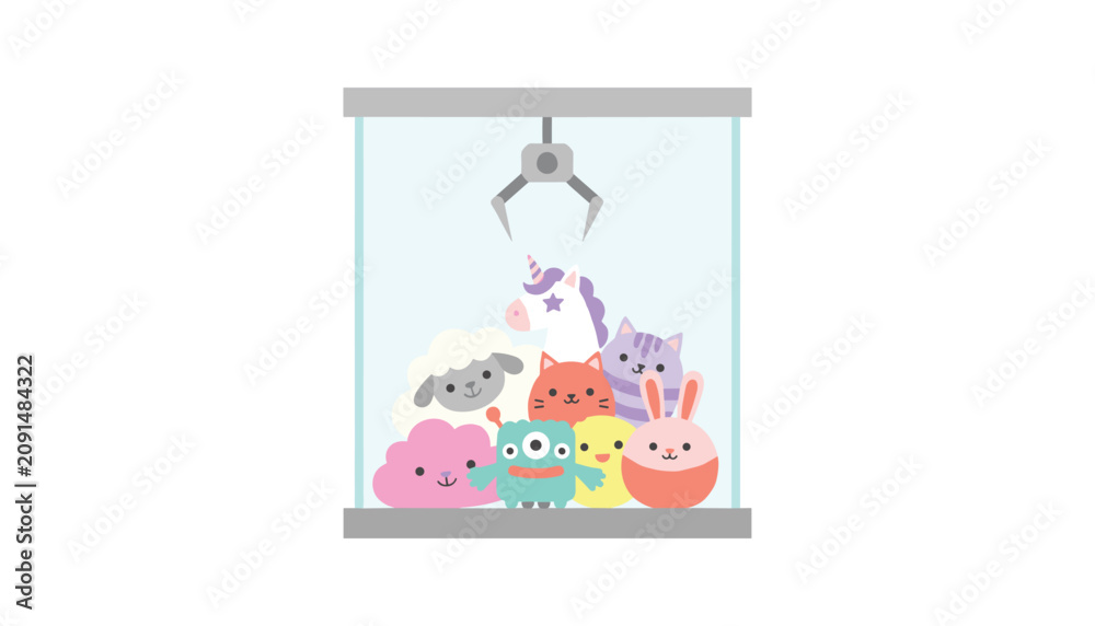 Fototapeta premium Arcade claw machine filled with assorted cute plush toys including a unicorn and animals waiting to be picked.