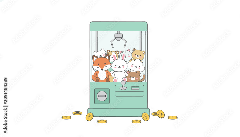 Fototapeta premium Green arcade claw machine filled with stuffed animal toys with gold coins scattered on the floor in front of it.