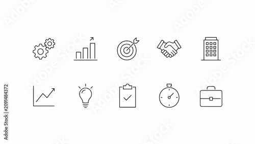Set of ten minimalist business and productivity icons with hand-drawn style . Vector illustration.