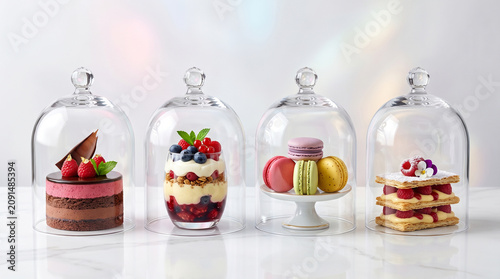 Individual desserts under glass domes on a white marble surface individual treats food display