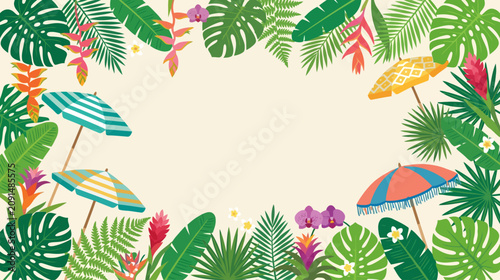 Vibrant tropical scene with colorful umbrellas and lush green foliage creating a lively summer atmosphere