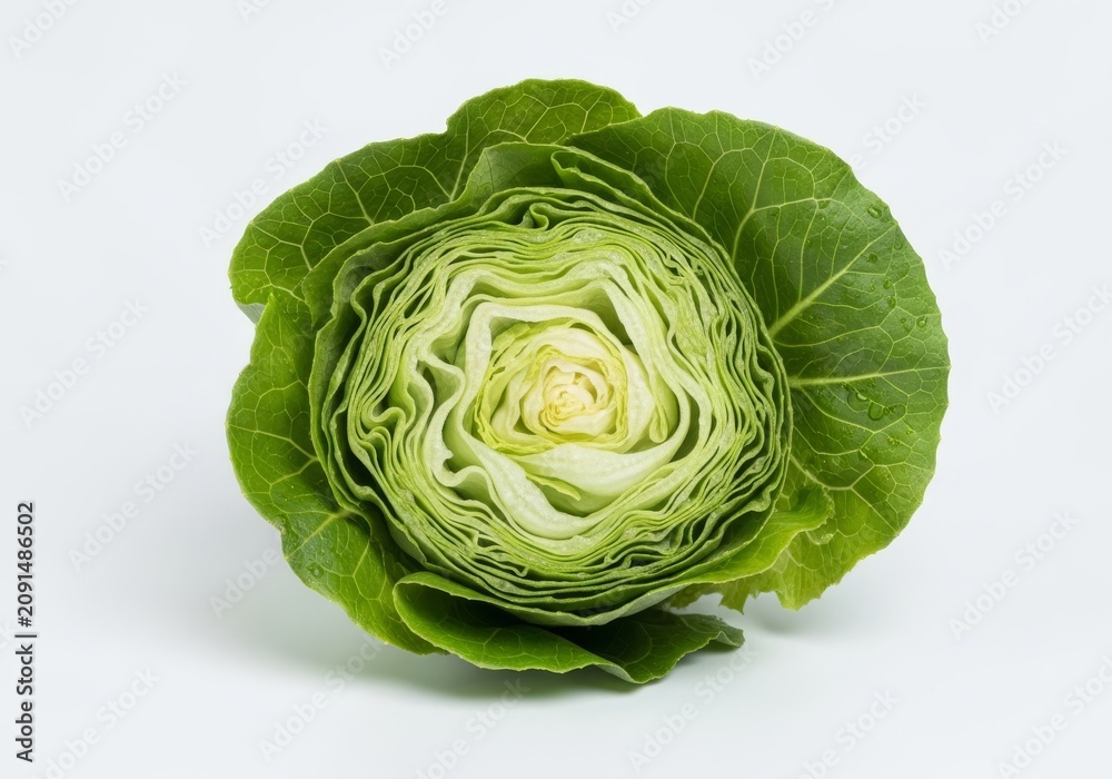 Obraz premium Crisp green iceberg lettuce head isolated on a solid white surface, highlighting natural texture and fresh layers for healthy meal concepts, minimalist, cooking, farm