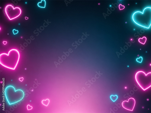Glowing neon heart outlines in vivid pink and cyan around a dark blue purple gradient background with luminous reflections and open center space for romantic party announcements and events