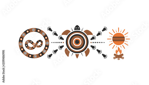 Indigenous Australian cultural elements featuring painted turtle snake and campfire motifs in traditional dot art style.