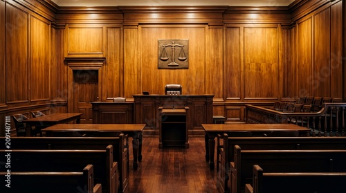 legal environment, an empty courtroom featuring rich wood paneling and prominent scales of justice