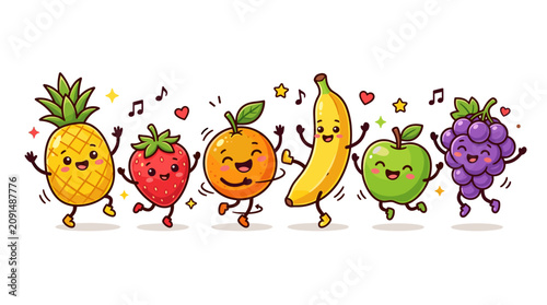 Tablou pe pânză Happy Fruit Friends Dancing: A delightful illustration of various anthropomorphic fruits, including a pineapple, strawberry, orange, banana, apple, and grape, dancing joyfully together to music