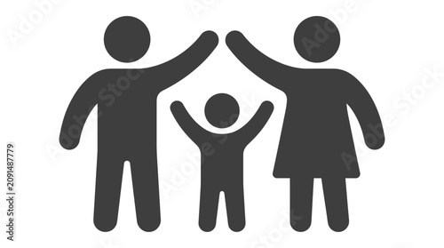 Foto Family Love Icon: A stylized icon depicting a loving family unit, with parents forming a protective roof over their child, symbolizing safety, care, and togetherness