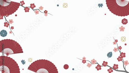 Decorative border featuring four dark red folding fans arranged with sprawling plum blossom branches on a clean white background.