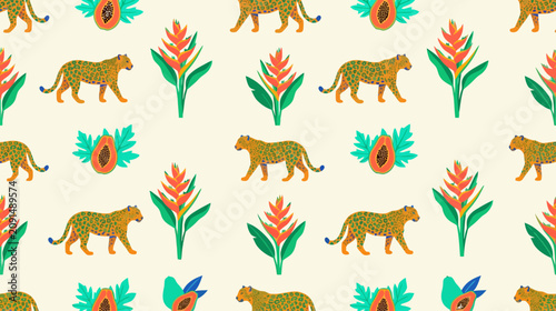Vibrant tropical pattern featuring stylized big cats and exotic foliage with bold colors suitable for textile design and home