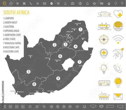 South Africa political map with provinces, icons and administrative borders editable vector infographic