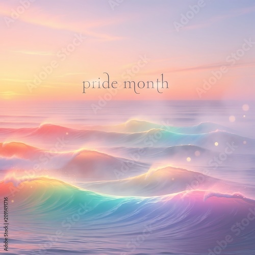 Beautiful ocean waves at sunset with rainbow colors celebrating pride month.