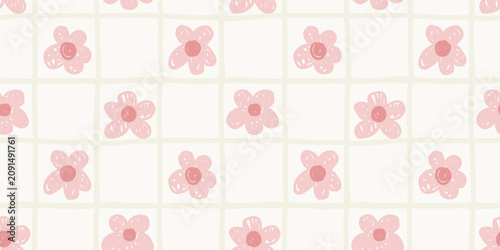 Tableau sur toile Seamless background pattern with hand drawn cute pink flower grid and pastel che