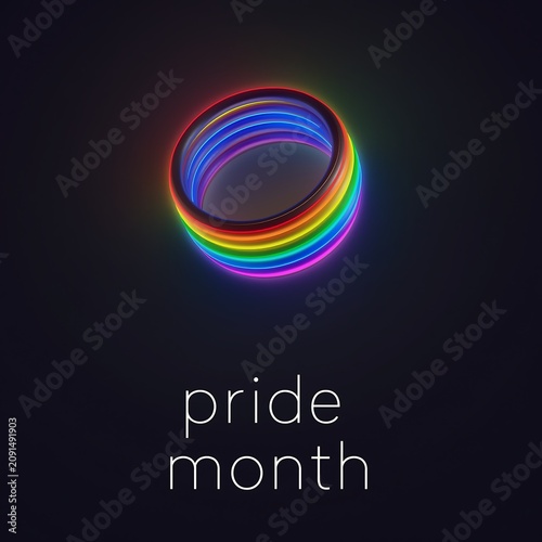 Abstract rainbow colored ring glowing on a dark background for pride month celebration.