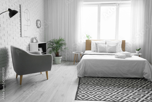 Interior of hotel room with...