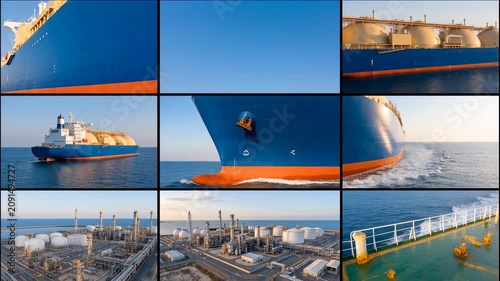 Collection of aerial views of LNG carriers with spherical Moss tanks sailing the sea and docking at natural gas terminals, liquefied natural gas shipping and energy export