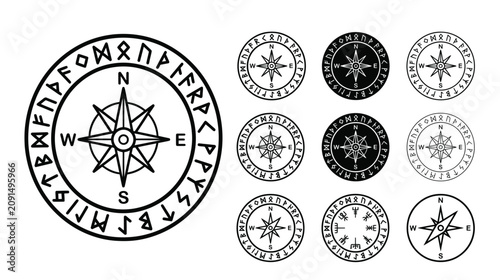 Foto Nordic runic compass collection with mystical symbols