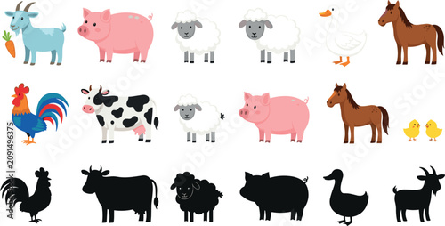Farm animals collection vector illustration with cow pig sheep horse chicken duck goat and silhouettes isolated on background