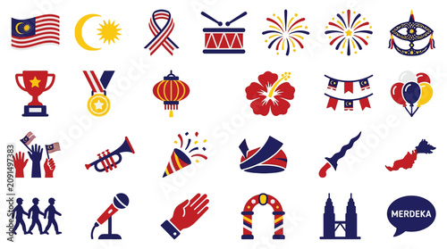 Photography Set of colorful flat icons representing Malaysia Independence Day celebration and national symbols