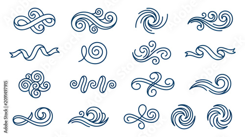 Foto Blue swirl icons featuring wind gusts waves and ribbon elements