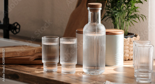 Clear glass water bottle an...