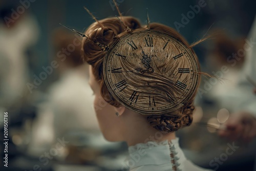 Victorian woman with a clock integrated into her hairstyle symbolizing time