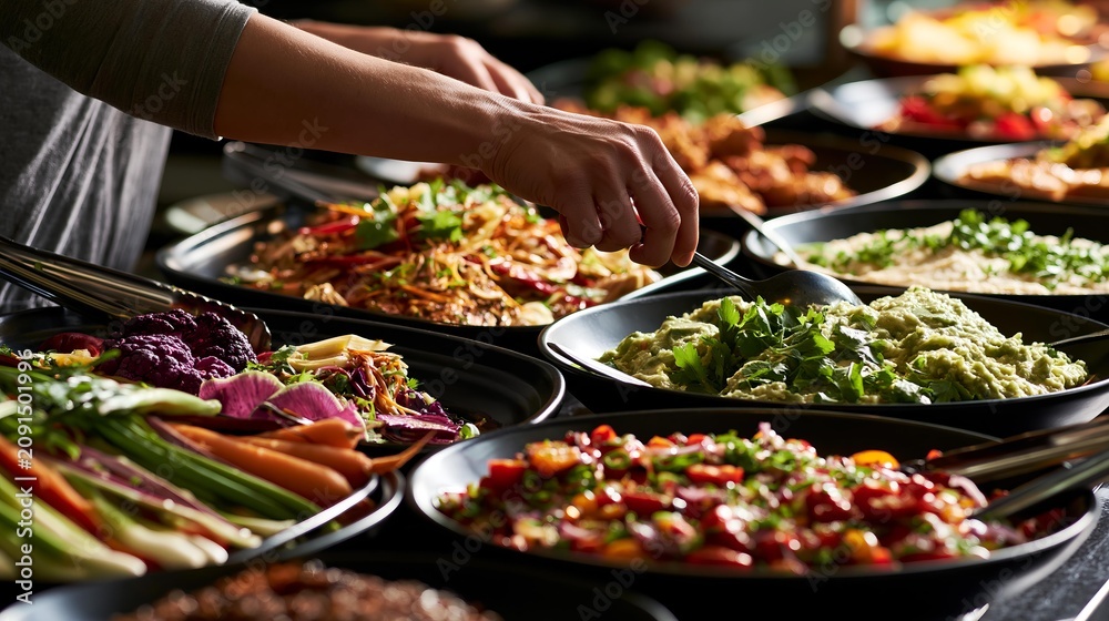 Obraz premium Person serving a healthy buffet with fresh vegetables and dips