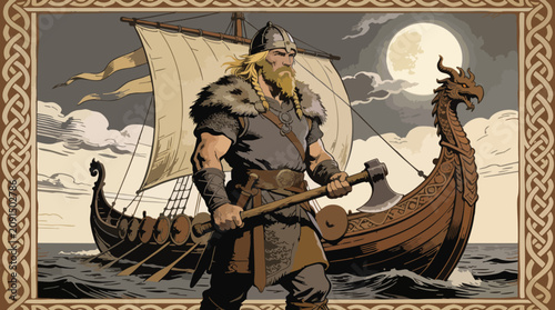 Cuadro en lienzo Viking Longship, Warrior with Axe, Full Moon, and Intricate Celtic Border Illust