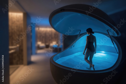 Sensory deprivation tank float pod flotation therapy spa wellness relaxation blue light woman swimsuit water Alternative holistic healing concept