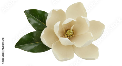 White magnolia flower with green leaves isolated on transparent background