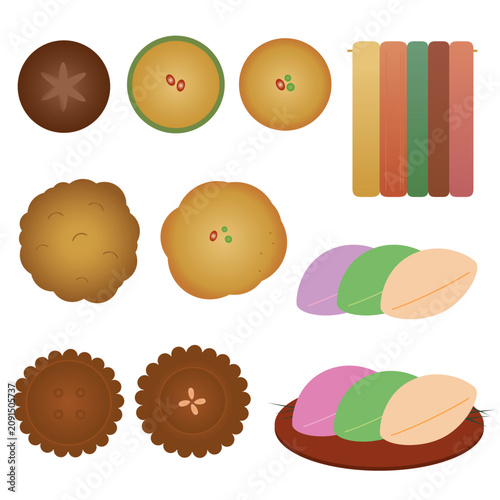 Korean traditional holiday food vector illustration set with songpyeon and jeon