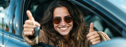 Woman in car gives thumbs up with keys in hand on a sunny day in the city