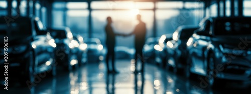 Two people shake hands in a car dealership during late afternoon sunlight