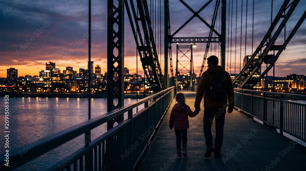 Fototapeta premium Father and Daughter Walking on Bridge at Sunset with City Skyline