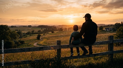 Father and son watching sunset over rolling hills from a wooden fence