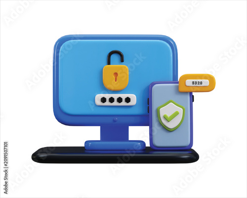3D Two-Factor Authentication Icon for 2FA Secure Login, Identity Verification, Cybersecurity and Digital Security, Vector Illustration