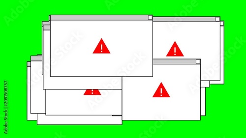 Multiple Retro Computer Error Popup Windows with Warning Sign Animation on Green Screen Background