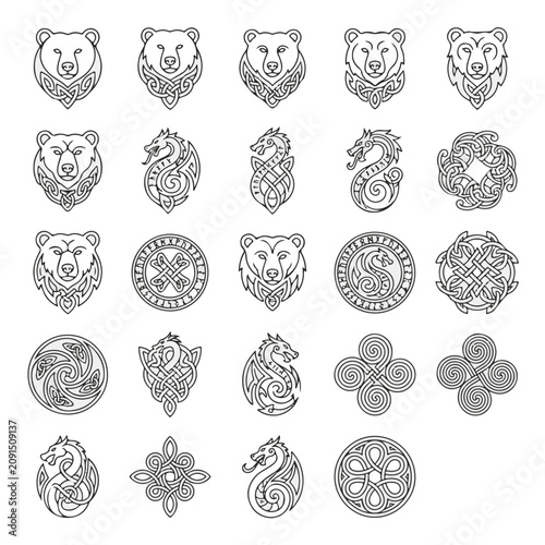 Tableau sur toile Viking Norse Mythology Symbols Collection with Bears Dragons and Celtic Knots fo