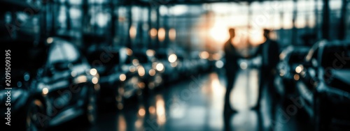 People shake hands in a car dealership at sunset while cars are lined up in the background with soft light coming through the windows