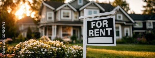 House for rent sign in front of a home with flowers and sunset in the background