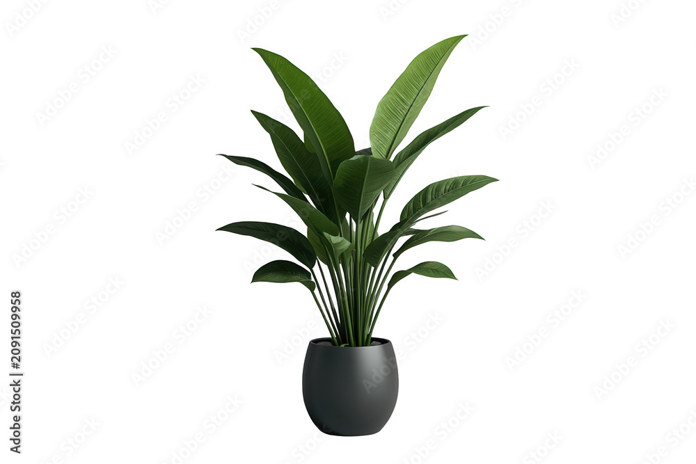 Obraz premium Strelitzia nicolai houseplant with large green leaves in grey pot creating a tropical indoor garden