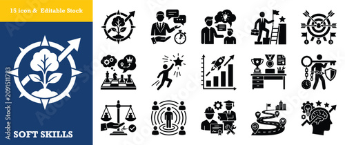 Business skills icon set glyph style vector illustration, editable stock, business people.