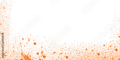 Orange splatter paint frame with scattered droplets on transparent background