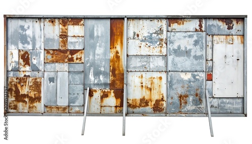 Obraz na płótnie A weathered billboard comprised of metallic panels, various sizes, and textures. Rusty, distressed appearance. Support legs are visible
