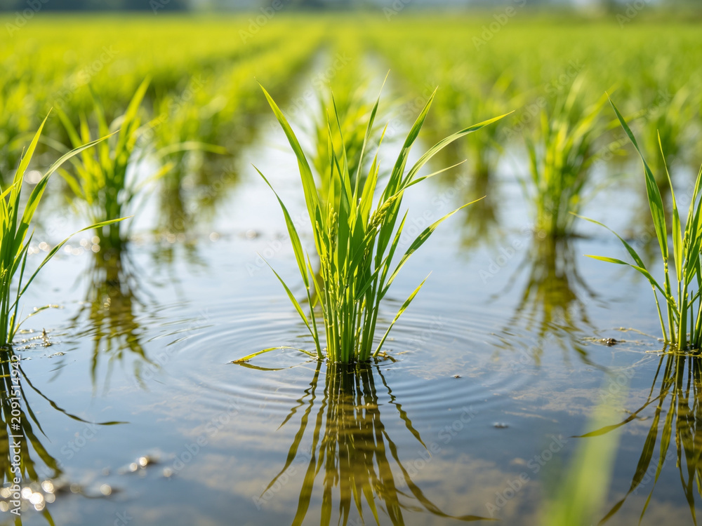 Fototapeta premium Vibrant green rice seedlings growing in a flooded paddy field, with gentle ripples on the water surface and reflections under bright sunlight.