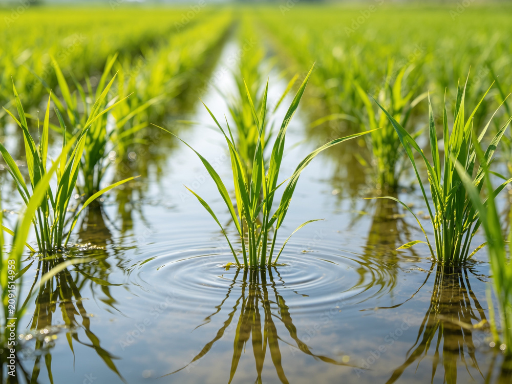 Fototapeta premium Young green rice plants grow in neat rows within a flooded paddy field, casting reflections on the water surface with gentle ripples.