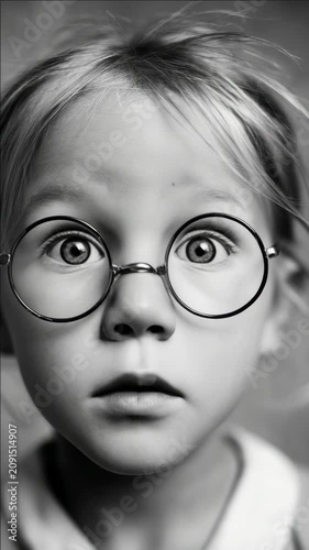 A young boy with glasses looking surprised, black and white .