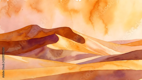 Abstract art hand drawn watercolor brown wavy desert sand background on textured watercolor paper for wallpaper banner template page design.
