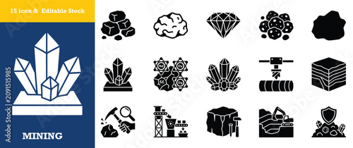 Mining related icons set collection various objects and equipment for industry.
