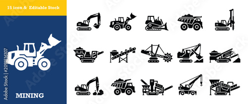 Fotografía Mining heavy machinery icons set collection various vehicles and equipment for industry